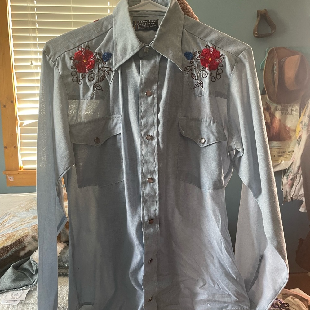 Embroidered Light Blue Men's Western Button-Down Shirt